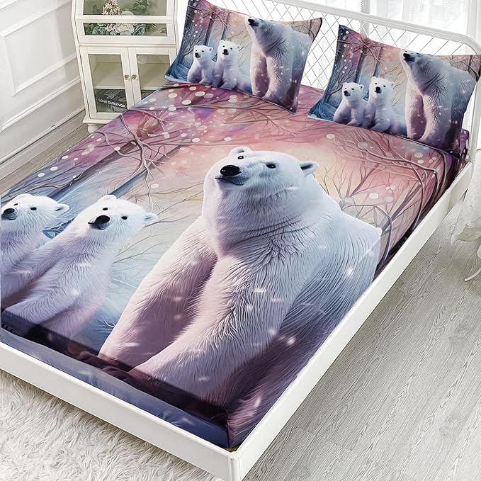 AILONEN Polar Bear Fitted Sheet Set Twin Size, Arctic Animals Bedding Winter Snow Bear Kawaii Kids Bed Sheet with 2 Pillowcases,3 Pieces Twin Fitted Sheet Set for Girls Boys