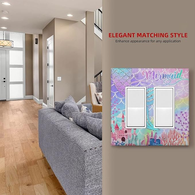 Silvery Glitter Cute Mermaid Tail Fantasy Castle 2 Gang Rocker Decora Light Switch Covers Dual Outlet Covers Wall Plate Decorative Switchplate Electrical Faceplate GFCI for Kidroom Nursery Bedroom