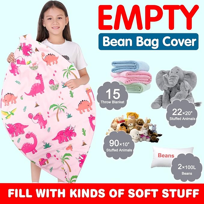 Lukeight Stuffed Animal Storage Bean Bag Chair Cover for Kids, Dinosaur Zipper Beanbag Chair Cover for Organizing Toddler and Kids' Rooms Plush Toys (Dinosaur Blush, X-Large)