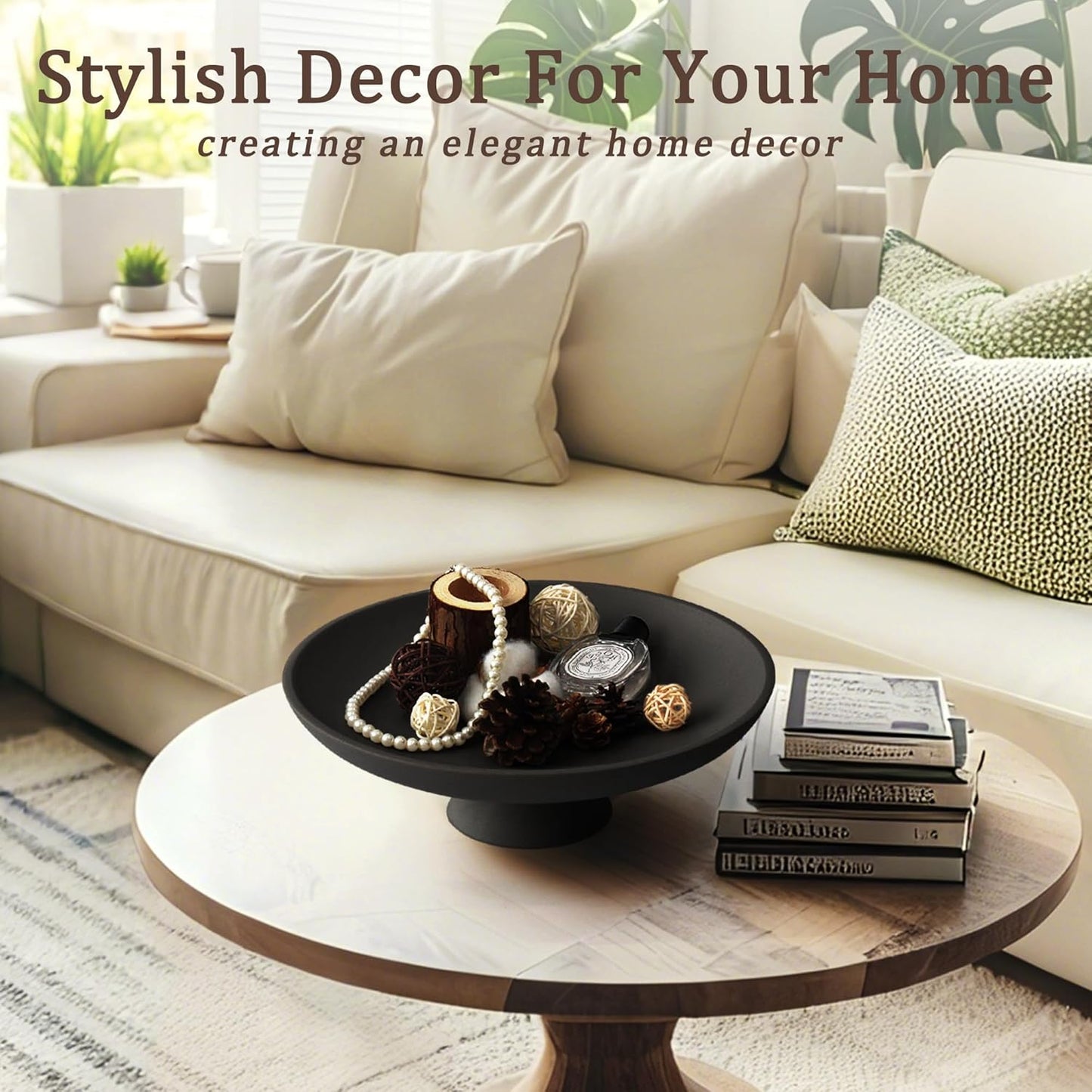 Modern Resin Pedestal Decorative Bowl, Large Fruit Bowl for Kitchen Counter, Stylish Key Bowl for Entryway Table, Matte Black