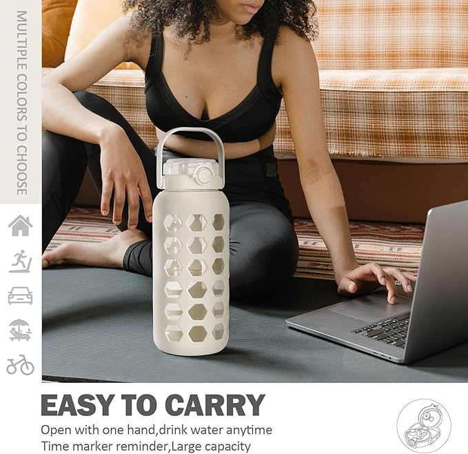 MUKOKO Half Gallon/64 oz Glass Water Bottles with Straw and Lid,Motivational Water Jug with Time Marker Reminder and Silicone Sleeve,100% Leakproof BPA Free Fitness Sports Large Bottle-White