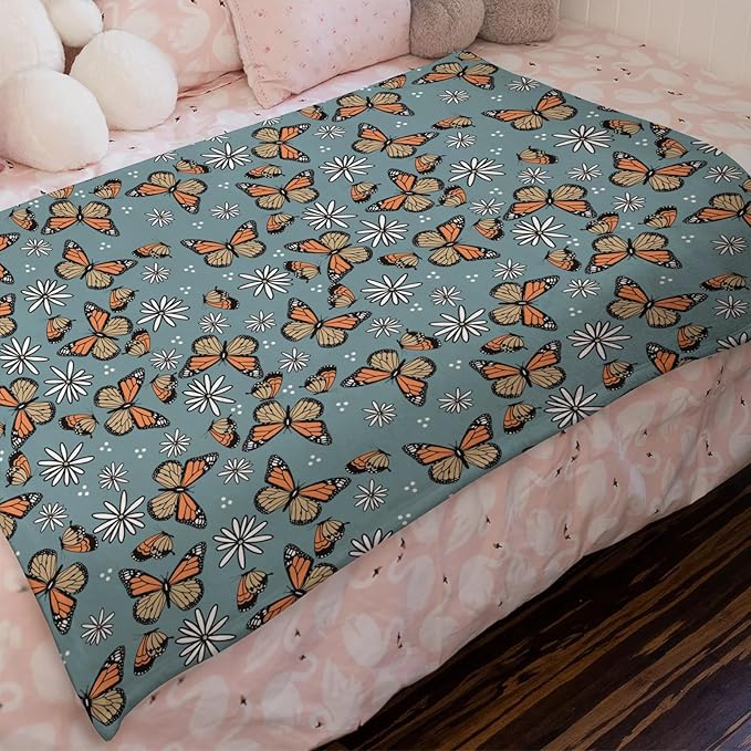 Butterfly Daisy Flower Baby Blanket for Girls Gift, Blue Yellow Floral Flannel Fleece Nursery Bed Receiving Blankets, Soft Warm Lightweight Newborn Infant Toddler Kids Crib Bedding 60 x 80