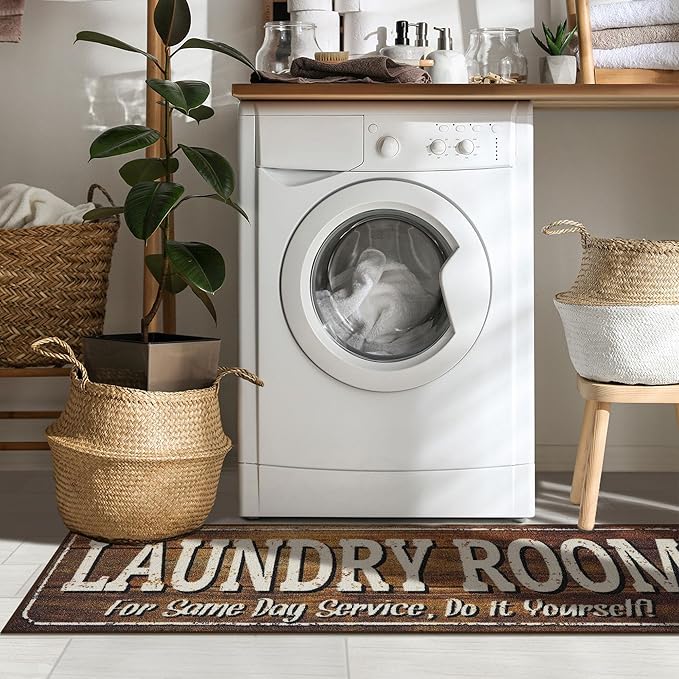 Ottomanson Laundry Collection Non-Slip Rubberback Text Design 2x5 Laundry Room Runner Rug, 20" x 59", Brown