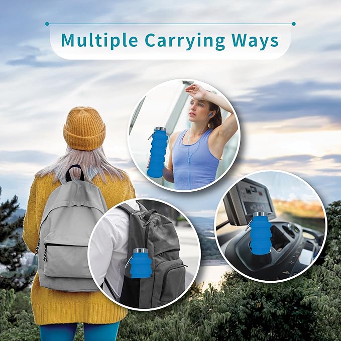 Collapsible Water Bottles 12oz, Odorless BPA-Free Silicone, Leak-Proof Foldable Reusable Bottle - Perfect for Travel Sports Gym Hiking Camping Cycling - Light Blue