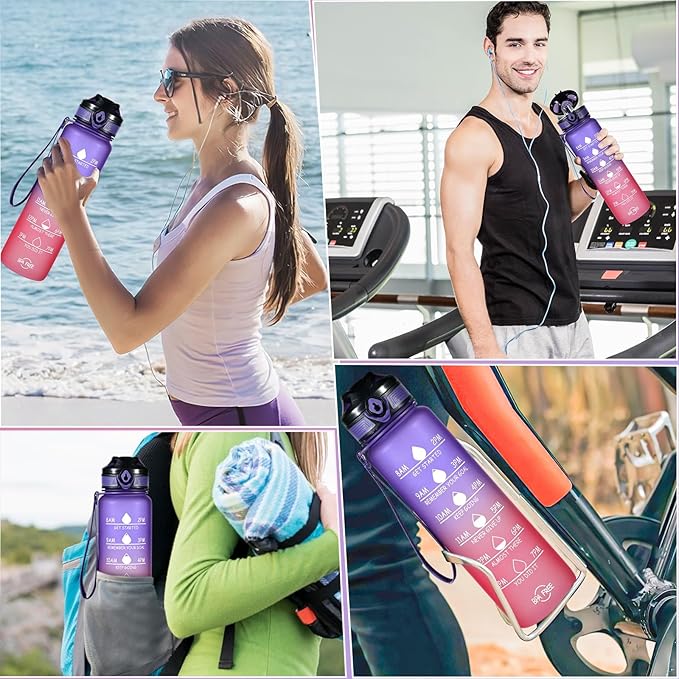 Water Bottle 32 oz, Motivational Sports Water Bottles Tritan BPA Free Water Bottle No Straw With Time Marker, Wide Mouth Leakproof Water Bottle with Strap for Gym Fitness Hiking Bike Camping - Purple