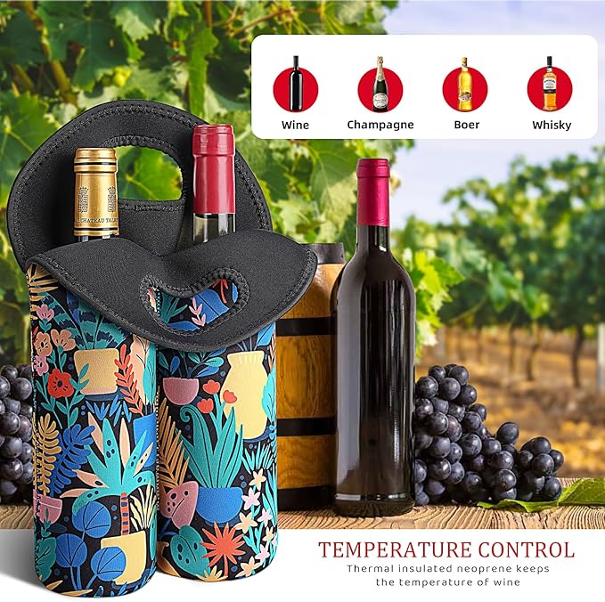 Desing Wish 2-Bottle Set Wine Carrier Tote Bag for 750ml Red/White Wine Bottles, Insulated Neoprene Wine Cooler Bag Wine Gift Bags for Gift/Picnic/Party/Beach/Christmas - Rainforest
