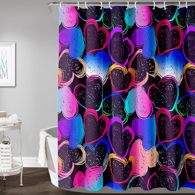 AILONEN Hearts Shower Curtain for Bathroom, Colorful Hearts Love Theme Bath Curtain for Kids Girls Women,Abstract Hearts Print Black Shower Curtain Waterproof with 12 Plastic Hooks, 72" W*78" H