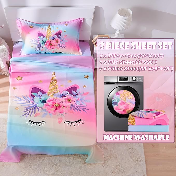 VIVILINEN Twin Size Sheet Set 3 Piece Rainbow Unicorn Kids Bed Sheets Set for Girls Kids Bedding Sheets Toddler Twin Bedding Set Include Flat Sheet, Deep Pocket Fitted Sheet and Pillowcase