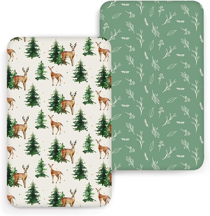 ACRABROS Crib Sheets for Girl Boy: Stretchy Baby Fitted Crib Mattress Sheets Sets 2 Pack Standard Size Ultra Soft Neutral, Blossom Deer&Green Leaf
