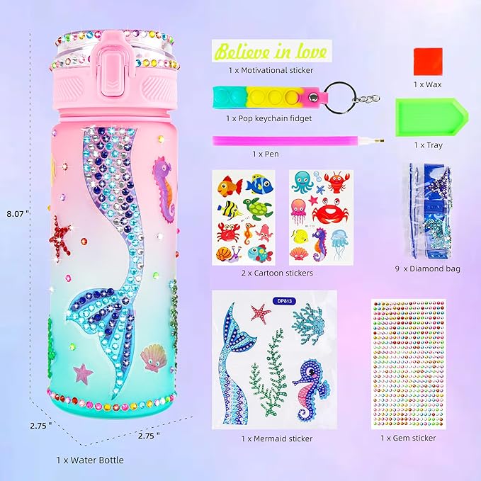 DCDD Decorate Your Own Water Bottle Kits for Girls Age 4-10, Mermaid Kids Water Bottle Stickers for Birthday Gifts, School, Travel and Christmas, 20 oz Leak-Proof