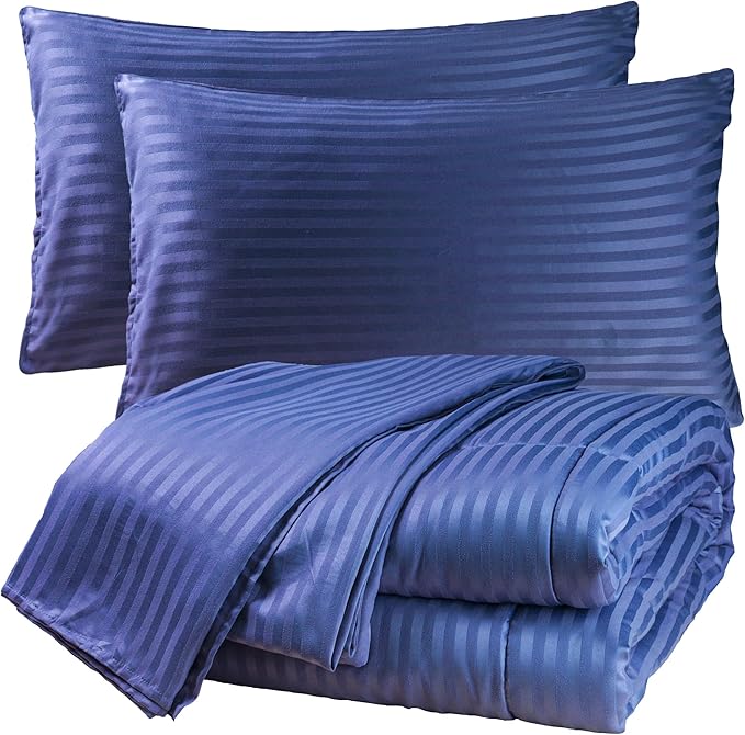 Twin Comforter Set with Sheets, 5 Pieces Super Soft Twin Bed in a Bag, All Season Solid Color Kids Bedding Set Neutral for Boys & Girls, Blue Striped