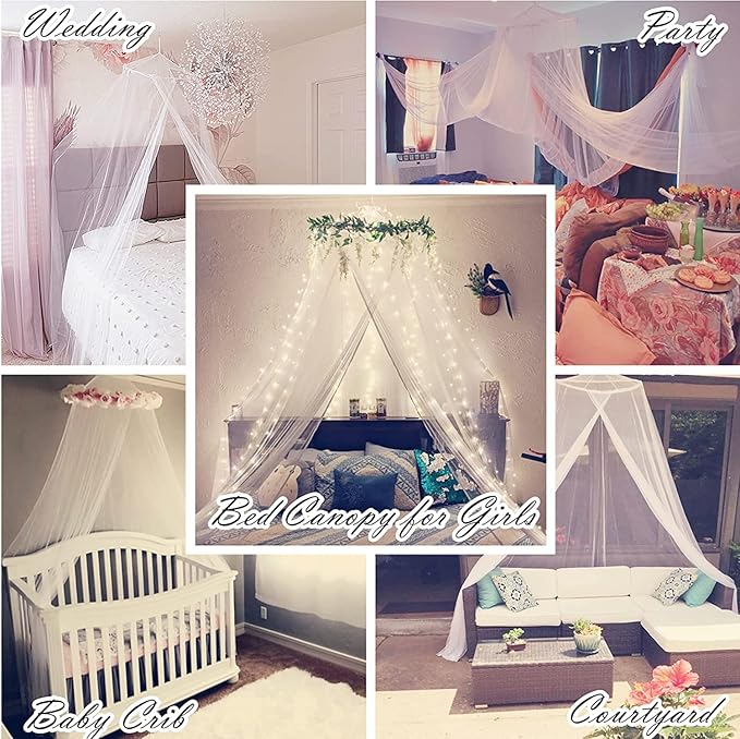 Eimilaly Bed Canopy Mosquito Net with 250pcs Colorful Curtain Lights, Bed Canopy for Girls Room Decor or Theme Party, White/Color Lights