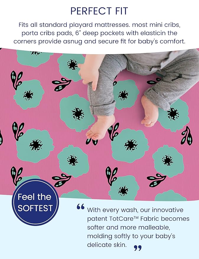 TotAha Premium Stretchy Pack N Play Playard Sheets | Mini Crib Sheets (2-Pack) -Hypoallergenic, Silky Comfort, Buttery Soft, Calming Effect, All-Season Jersey-Knit (Colorful Flora & Blue Flowers)