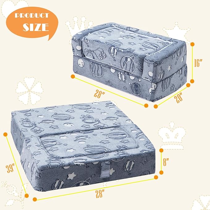 Kids Sofa Couch 3-in-1 Modular Toddler Couch Glowing Grey Baby Couch Foam Armchair for Boys & Girls Children Convertible Sofa to Lounger Plush Fold Out Sofa Play Set with One Ottoman, One Seat