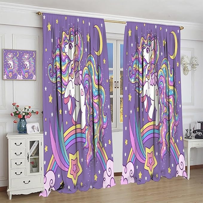 Unicorn Curtains Fantasy Star Moon Cartoon Theme Curtains Cute White Unicorn Rainbow Design Printed Curtains Boys Girls Room Curtains 42x63 Inch 2 Panels