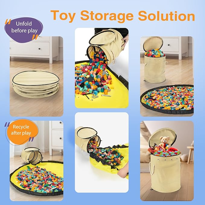 Toy Storage Basket + Play Mat for Kids Toy Chest Organizer Kids Toy Storage Organizer Foldable Big Storage Bins with Lids Large Toy Box for Boys Girls Toy Holders for Kids Rooms Nursery(Beige)