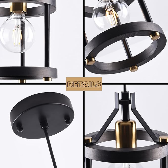 MO&OK Chandelier Set of 3 Vintage Pendant Light Fixture, Black Farmhouse Wooden Metal Chandeliers, Open Frame Hanging Lighting for Diningroom,Bar,Entrance Hall,Kitchen Island Living Room