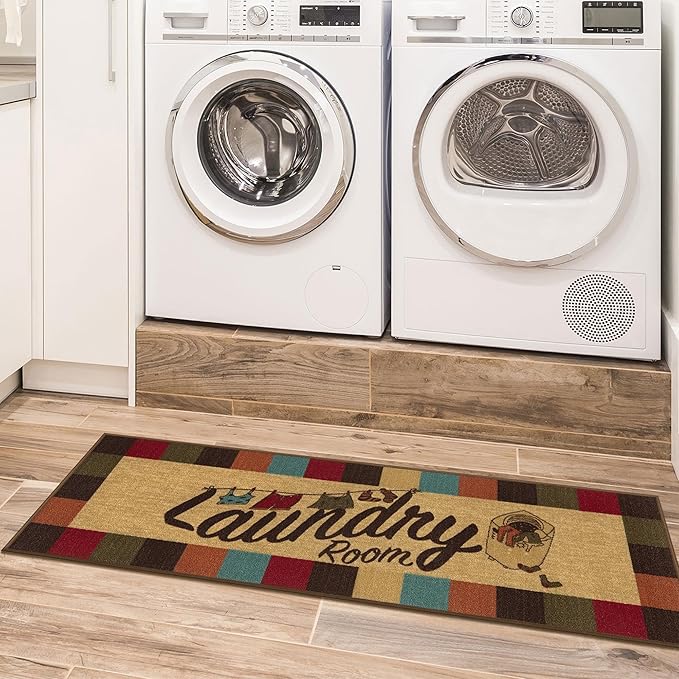 Ottomanson Laundry Collection Non-Slip Rubberback Checkered Border Design 2x5 Laundry Room Runner Rug, 20" x 59", Multicolor