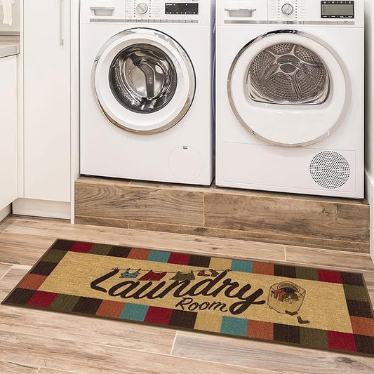 Ottomanson Laundry Collection Non-Slip Rubberback Checkered Border Design 2x5 Laundry Room Runner Rug, 20" x 59", Multicolor