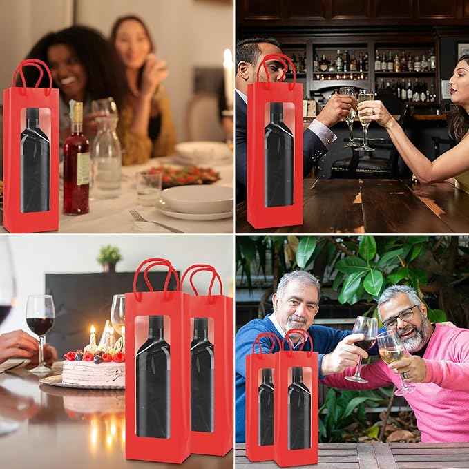 Cyblinia Wine Gift Bags with Window,20 Pack Paper Wine Bags 4.9 x 3.4 x 14.2 Inch Kraft Paper Flower Wrapping Bags Wine Bags for Wine Bottle and Gifts,Wedding,Birthday,Christmas