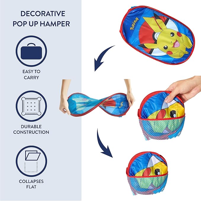Idea Nuova Pokemon Pikachu Pop Up Hamper with Durable Carry Handles, 21'' H x 13.5'' W X 13.5'' L, Pokemon/Blue