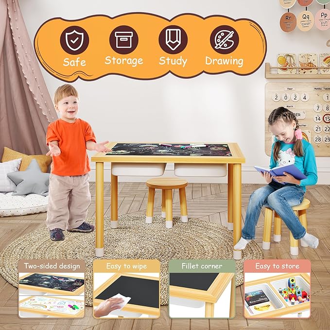 Sensory Table with 2 Stools, Wooden Kids Sensory Tables with Double-Side Board & 2 Storage Bins for Toddlers 1-3, Multipurpose Sensory Table for Boys and Girls Indoor/Outdoor Classroom Use