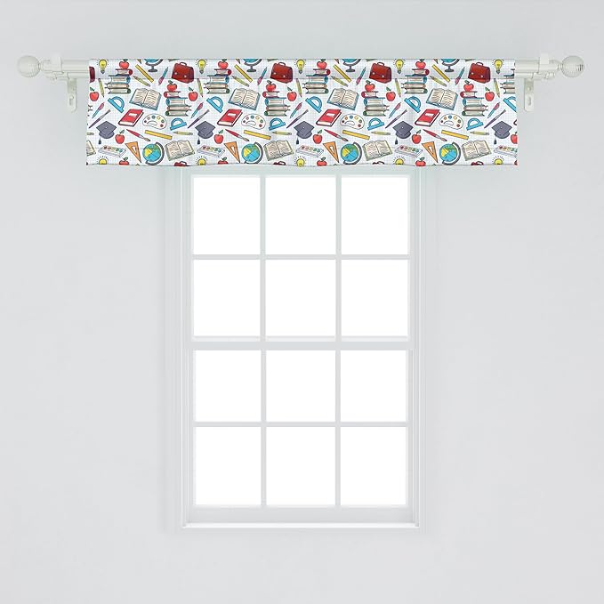Ambesonne Science Window Valance, Elementary Theme Student Supplies Globe Paints and Brushes Books, Curtain Valance for Kitchen Bedroom Decor with Rod Pocket, 42" x 12", Multicolor