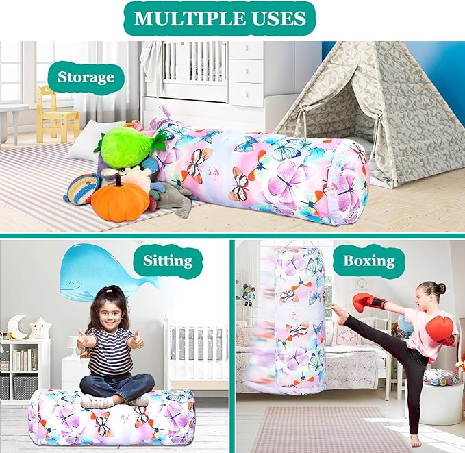 Stuffed Animal Bean Bag Storage Chair for Kids Cover Only (No Filler), Organize, Sit, Play & Boxing, 100% Cotton Canvas Washable, Ultra Soft Cylinder Long Vertical Zipper Best Gift for Child