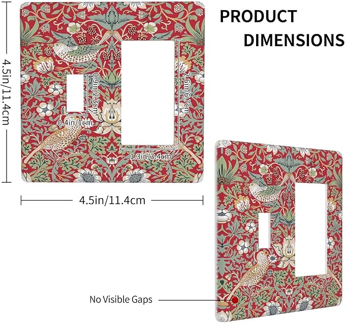 William Morris Strawberry Thief Botanical Red Green 2 Gang Single Toggle Rocker Combination Light Switch Covers Wall Plate Cover Electrical Faceplate Decorative Switchplate for Country Bedroom