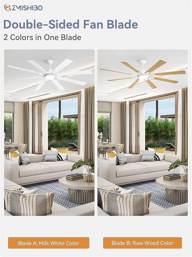 72 inch White Ceiling Fans with Lights and Remote, Indoor/Outdoor Ceiling Fan for Patio Living Room, 6 Speed Reversible Quiet DC Motor, 3 CCT, Dual Finish Blades