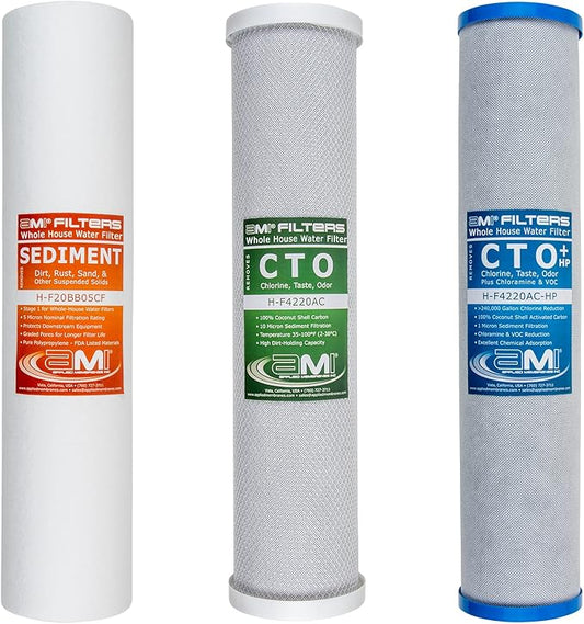 Applied Membranes Inc. 3-Stage Whole-House Water Filter Cartridge Replacements, 20-Inch Carbon and Sediment Filter Cartridges