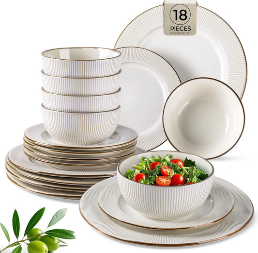 GBHOME Ceramic Dinnerware Sets,18 pcs Embossed Elegant Stoneware Plates and Bowls Sets, Housewarming Wedding Gift | Dishwasher & Microwave Safe | Dishes Set Service for 6