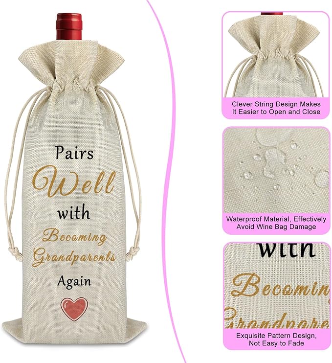 Pregnancy Announcement Gift for Being Grandparents Again Baby Reveal Gift New Baby Gift Baby Announcement Drawstring Wine Bag Gift for Family Baby Shower Party Decors Reusable Wine Wrap Bag