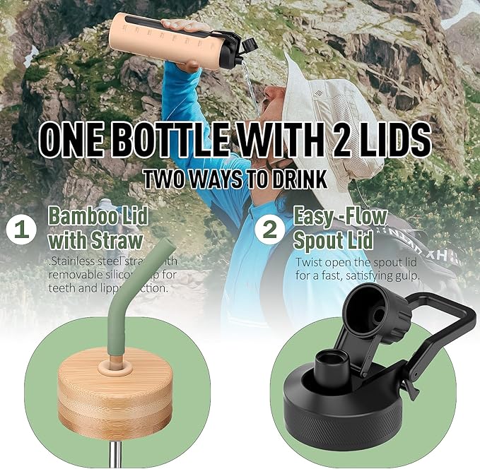 Glass Water Bottles with Straw -24oz- Water Bottle Phone Holder for Gym Sports Water Bottles with Silicone Sleeve Glass Drinking Bottles 2 Lids - Spout & Bamboo Straw Lid(Olive)