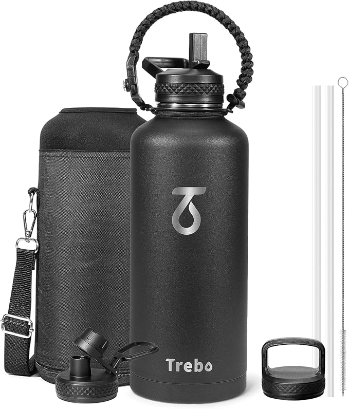 Trebo Water Bottle 87oz with Paracord Handle, Half Gallon Food-grade Double Wall Vacuum Stainless Steel Insulated Jug with Straw Spout Handle Lids, Leakproof Keep Cold & Hot,Black