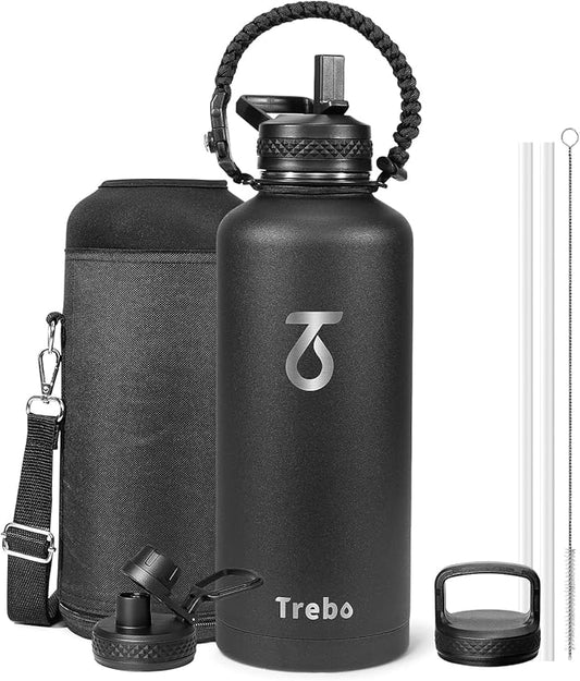 Trebo Water Bottle 87oz with Paracord Handle, Half Gallon Food-grade Double Wall Vacuum Stainless Steel Insulated Jug with Straw Spout Handle Lids, Leakproof Keep Cold & Hot,Black