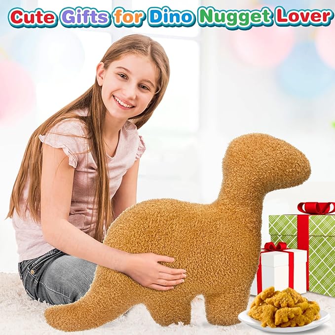 Dino Chicken Nuggets Pillow for Birthday Gifts, Dinosaur Chicken Nuggets Plush Funny Gifts for Teen Boys Girls, Cute Dinosaur Stuffed Animal, Dinosaur Gifts for Adults Kids (Large, 2Pcs)