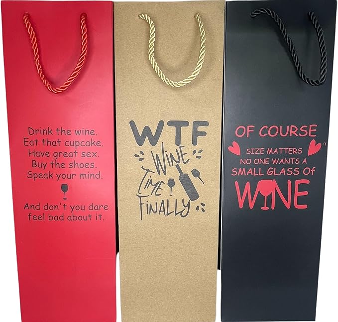 Generic Set of 3 Colorful Wine Gift Bags for Wine Bottles with Varying Sayings- Perfect Wine Tote for Travel or as a Wine Gift Box- (Drink the wine, wtf, size matters), Standard