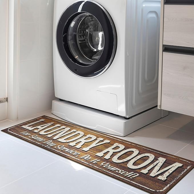 Ottomanson Laundry Collection Non-Slip Rubberback Text Design 2x5 Laundry Room Runner Rug, 20" x 59", Brown