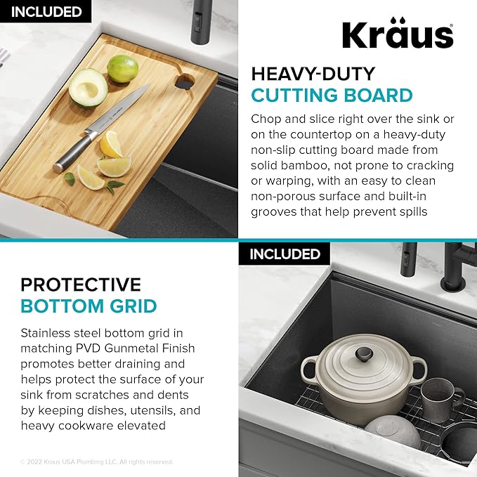 KRAUS Kore 23 Inch Drop-In Undermount Workstation 16 Gauge Stainless Steel Single Bowl Kitchen Sink n PVD Gunmetal Finish with Accessories, KWU1111-23-PGM
