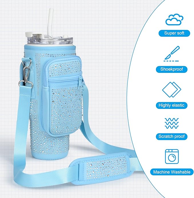 Bling Diamond Water Bottle Carrier Bag with Phone Pocket for Stanley 40/30 oz Tumbler with Card Holder,Neoprene Water Bottle Holder Pouch with Adjustable Strap for Stanley Cup Accessories