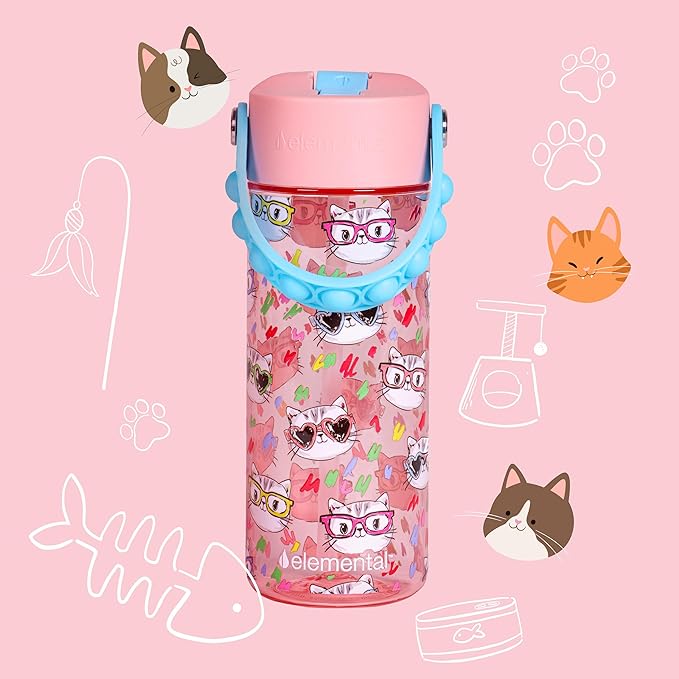 Elemental Leak Proof Water Bottles for Kids - Splash Kids Water Bottle for School with Fun Fidget Pop-it Handle - BPA Free Tritan Plastic Reusable Water Bottle with Straw - Stylish Cat - 18oz