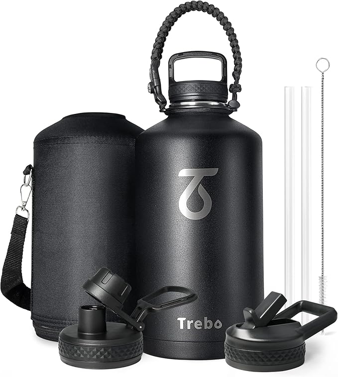 Trebo One Gallon Water Bottle Insulated with Paracord Handle,128oz Food-grade Double Wall Vacuum Stainless Steel Insulated Jug with Straw Spout Handle Lids, Leakproof Keep Cold & Hot,Black