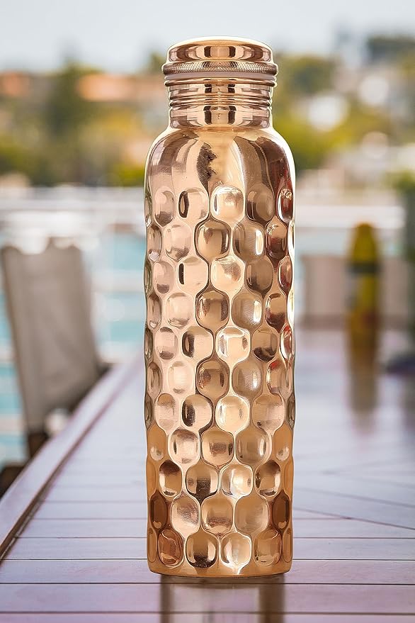 Diamond Cut Copper Water Bottle - Leak Proof Ayurvedic Drinkware Copper Vessel for Sports, Gym, Outdoors, Yoga (30 oz)