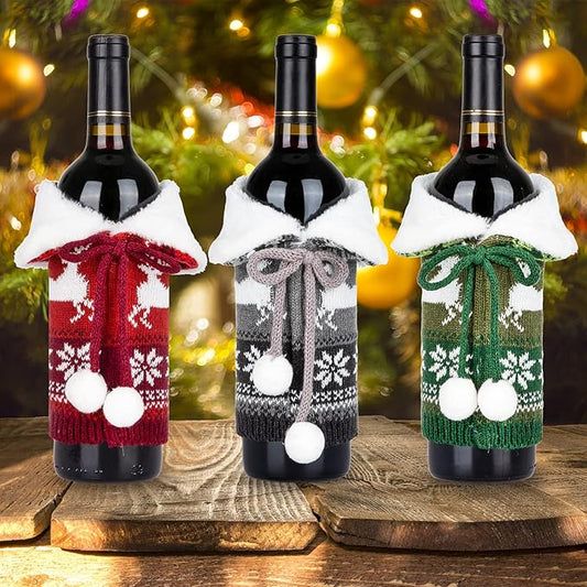 Whaline Christmas Wine Bottle Covers Knit Bottle Sweater with Faux Fur Collar Bow Pompom Red Green Gray Reindeer Snowflake Patterned Bottle Dress Christmas Winter Holiday Party Decor Supplies, 3Pcs