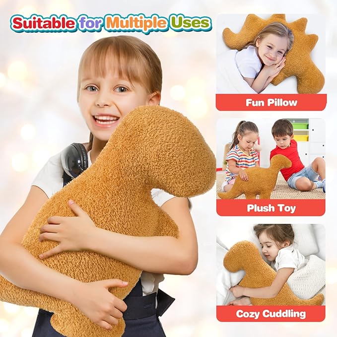 Dino Chicken Nuggets Pillow for Birthday Gifts, Dinosaur Chicken Nuggets Plush Funny Gifts for Teen Boys Girls, Cute Dinosaur Stuffed Animal, Dinosaur Gifts for Adults Kids (Large, 2Pcs)