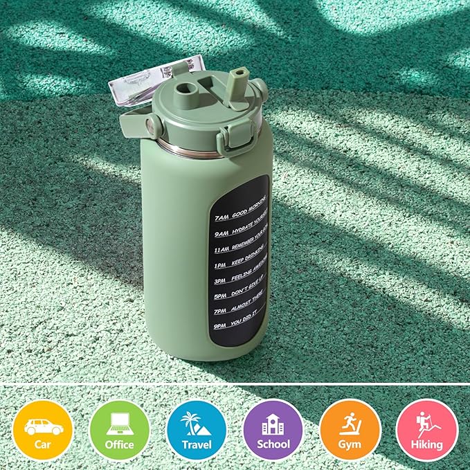 BLUEGO 64oz Insulated Water Bottle with Straw and Handle Leakproof Half Gallon Wide Mouth Motivational Water Bottle, 2-IN-1 Straw Spout Lid Stainless Steel Water Jug for Sport Travel Gym-Oliver