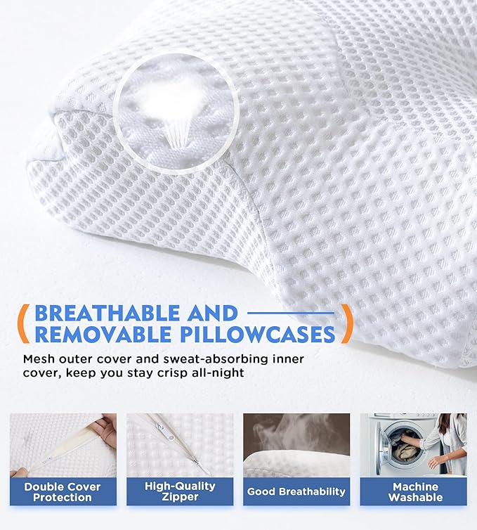 Osteo Cervical Pillow for Neck Pain Relief, Hollow Design Odorless Memory Foam Pillows with Cooling Case, Adjustable Orthopedic Bed Pillow for Sleeping, Contour Support for Side Back Sleepers