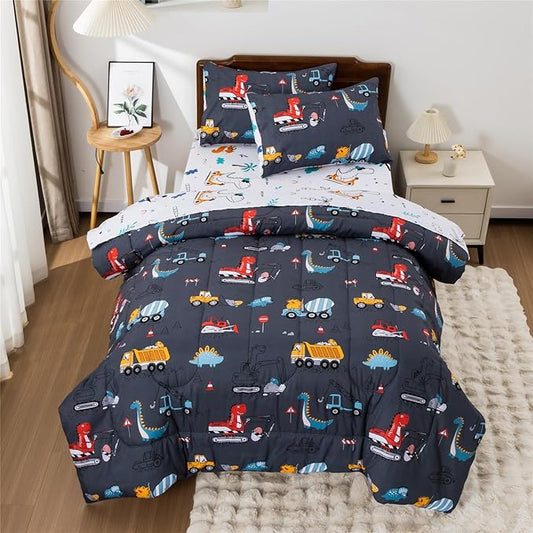 Meeting Story Construction Truck Car Twin Kid Comforter Set for Boys,5 Pieces Dinosaur Bedding Set with Sheets and Pillowcases，Excavator Lightweight Microfiber Bedding Sets（Grey，Twin5pcs）