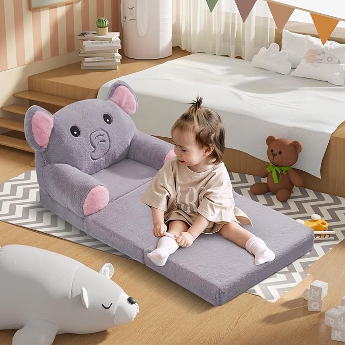 Kids Sofa Chair for Toddler, 2-in-1 Folding Soft Baby Couch with Removable Cover, Comfy Plush Children's Recliner, Convertible Floor Sofa Bed to Lounger for Girls Boys Age 1-3,Elephant Grey
